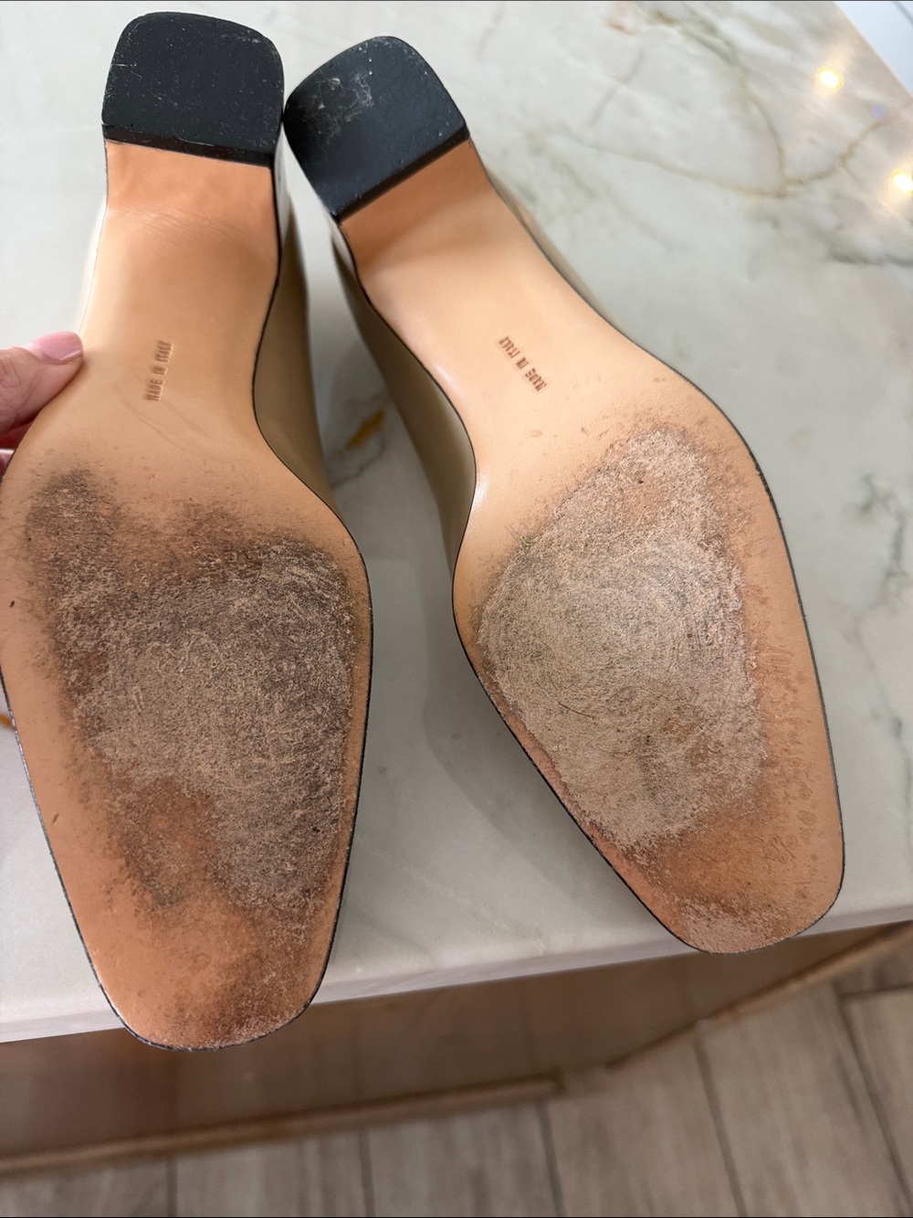 Salvatore Ferragamo Soft Gold/Beige Leather Square-Toe Block Heel Pumps - Picture 10 of 10